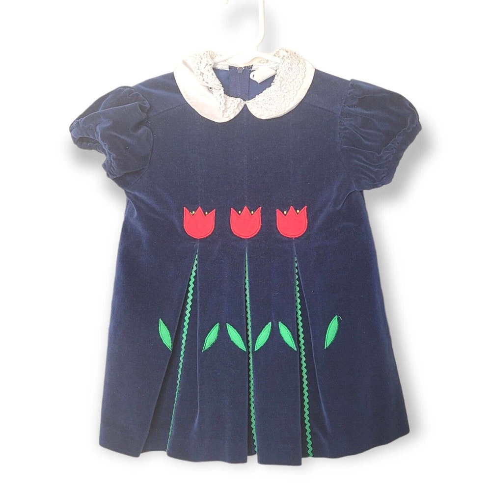 Vintage Alyssa Girls Blue Velvet Red Tulip Collard Dress Size 4T